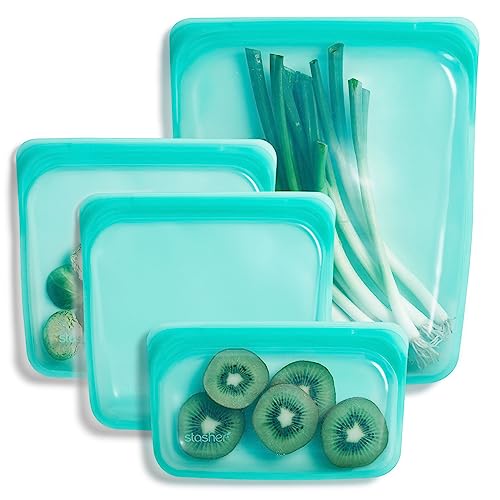 Stasher Stasher Premium Silicone Reusable Food Storage Bags 4Pack Aqua MultiUse Food Storage Bags Lunch Bag Travel Containers BPA Free Leakfree DishwasherSafe Ecofriendly 