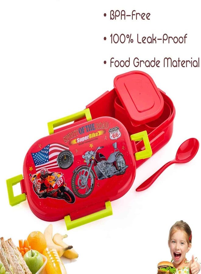 KERFORA Kids Lunch Box with Spoon, BPA-Free Leak-Proof Food Container, Red and Green, 2 Compartments with Unbreakable Lid Lock, 21x15x6 cm (Red) - Image 2