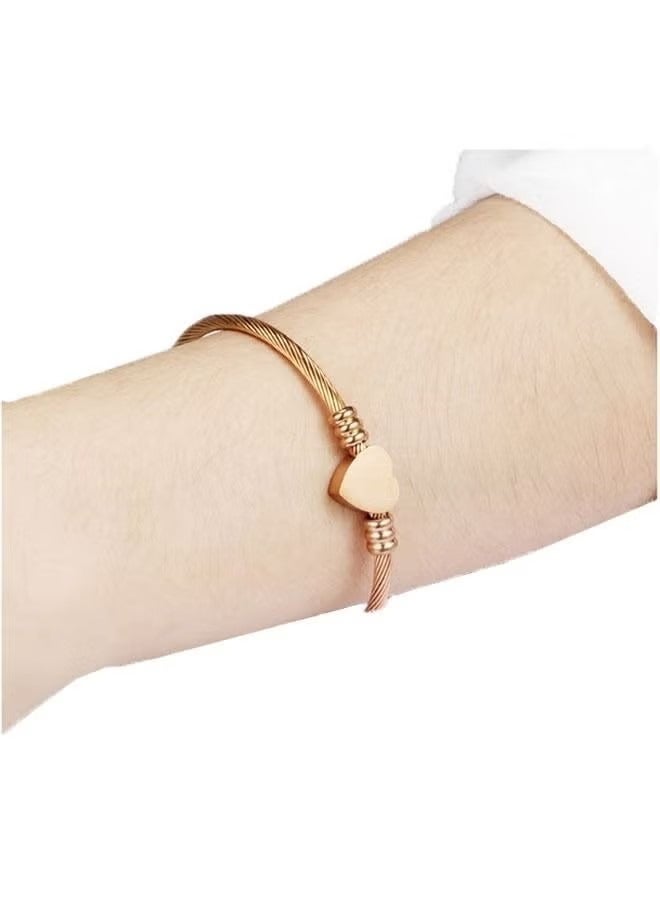 Stylish Stainless Steel Cable Bangle Bracelet, Wire Braided Bracelet, Love Heart Bangle for Women Jewelry(Rose Gold)  - Image 2