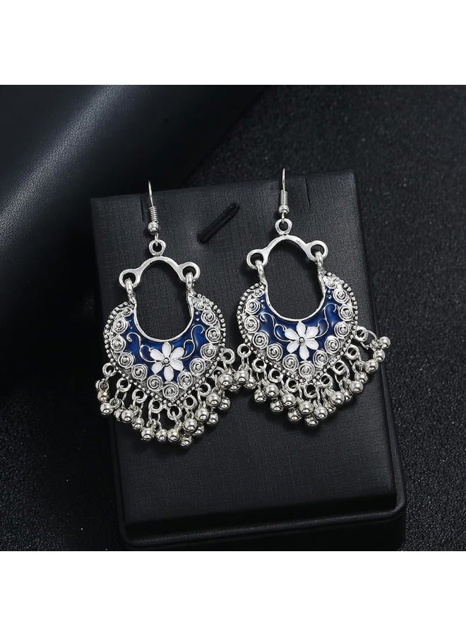 Dtja Boho Flower Ball Tassel Dangle Earrings for Women Girls Silver Plated Enamel Bohemian Chandelier Statement Heart Shape Hoop Beaded Bells Drop Dangling Hook Stud Lightweight Vintage Jewelry Gifts, - Image 5