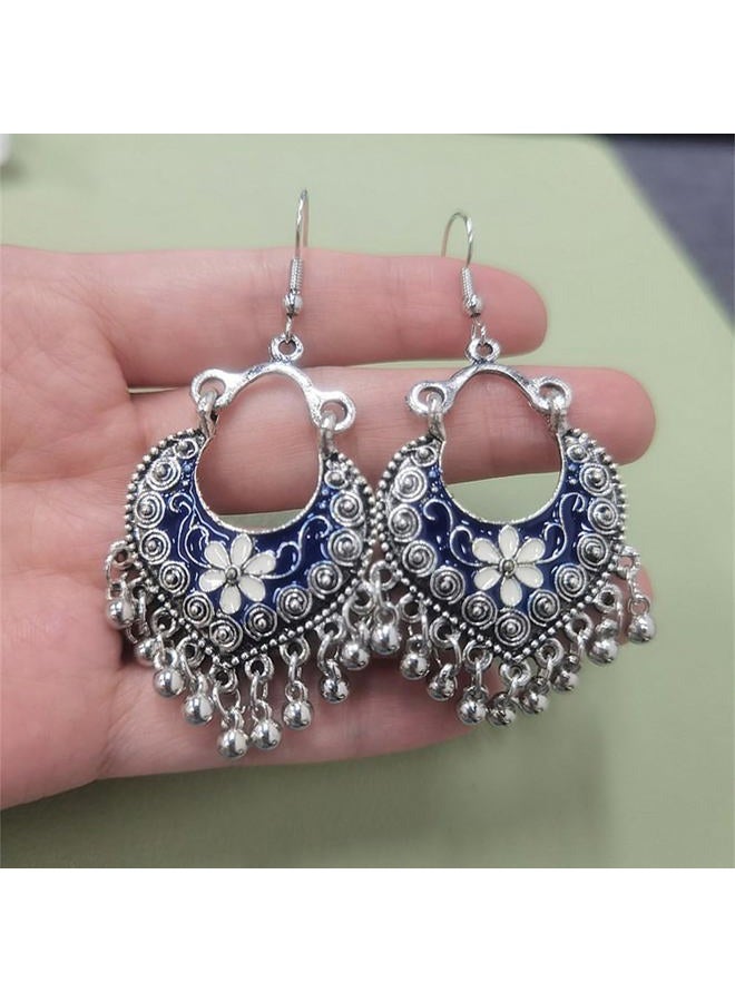 Dtja Boho Flower Ball Tassel Dangle Earrings for Women Girls Silver Plated Enamel Bohemian Chandelier Statement Heart Shape Hoop Beaded Bells Drop Dangling Hook Stud Lightweight Vintage Jewelry Gifts, - Image 4