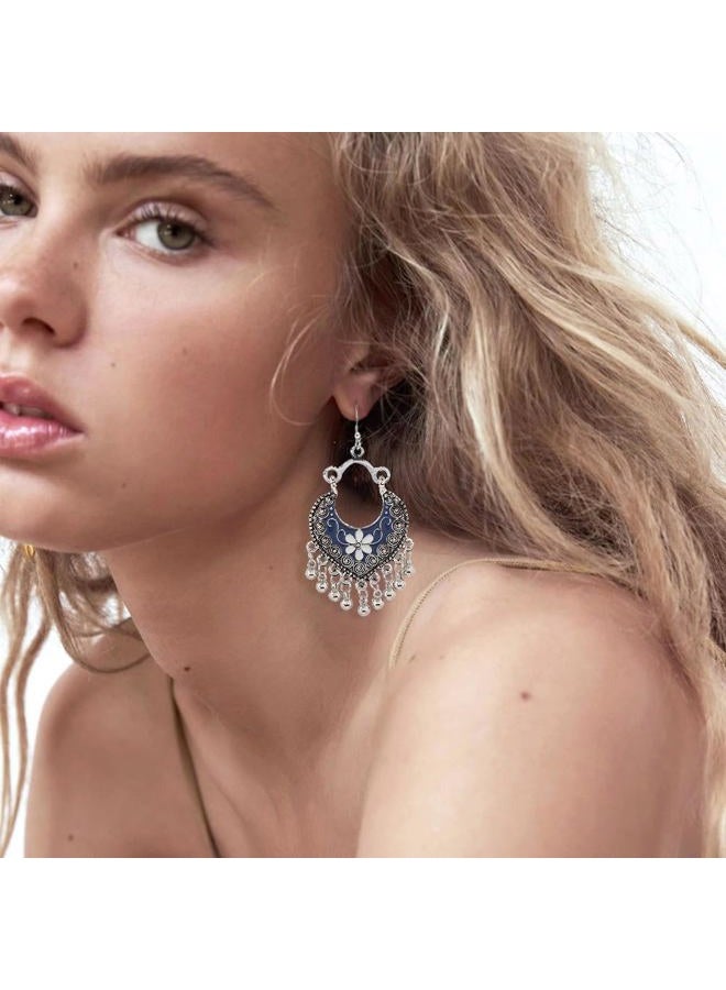 Dtja Boho Flower Ball Tassel Dangle Earrings for Women Girls Silver Plated Enamel Bohemian Chandelier Statement Heart Shape Hoop Beaded Bells Drop Dangling Hook Stud Lightweight Vintage Jewelry Gifts, - Image 3