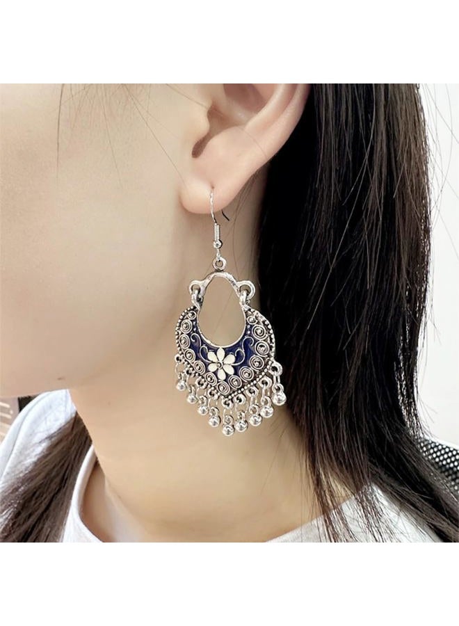 Dtja Boho Flower Ball Tassel Dangle Earrings for Women Girls Silver Plated Enamel Bohemian Chandelier Statement Heart Shape Hoop Beaded Bells Drop Dangling Hook Stud Lightweight Vintage Jewelry Gifts, - Image 2