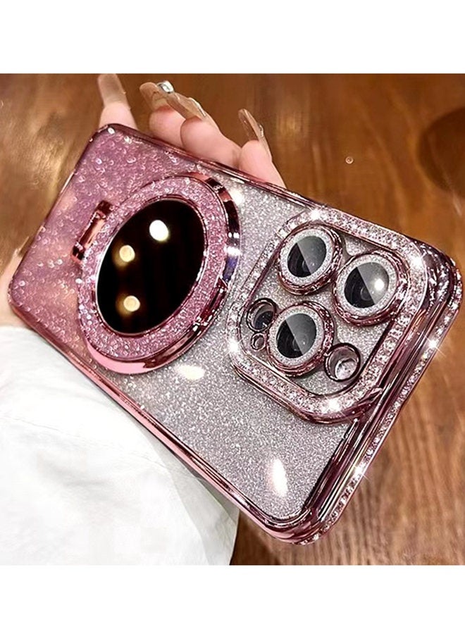 Magnetic Glitter Case for iPhone 16 Pro Max，with Bling Camera Lens Protector，Sparkly Stand，Mirror， Luxury Gradient Shockproof  iPhone 16 Pro Max Cover，Pink - Image 3