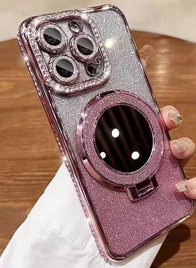 Magnetic Glitter Case for iPhone 16 Pro Max，with Bling Camera Lens Protector，Sparkly Stand，Mirror， Luxury Gradient Shockproof  iPhone 16 Pro Max Cover，Pink - Image 2