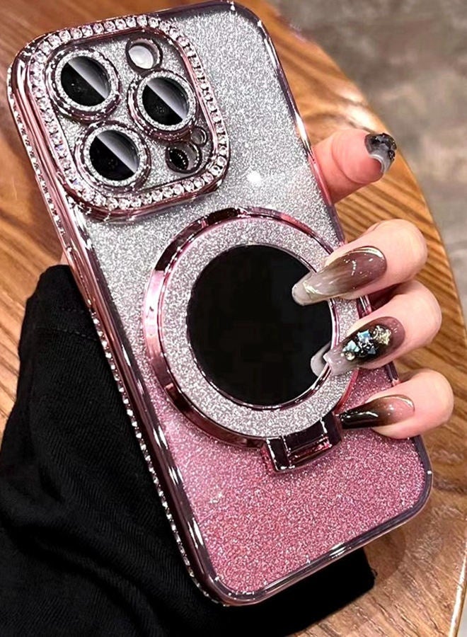 Magnetic Glitter Case for iPhone 16 Pro Max，with Bling Camera Lens Protector，Sparkly Stand，Mirror， Luxury Gradient Shockproof  iPhone 16 Pro Max Cover，Pink - Image 1