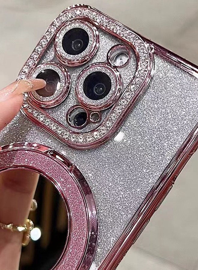 Magnetic Glitter Case for iPhone 16 Pro Max，with Bling Camera Lens Protector，Sparkly Stand，Mirror， Luxury Gradient Shockproof  iPhone 16 Pro Max Cover，Pink - Image 4