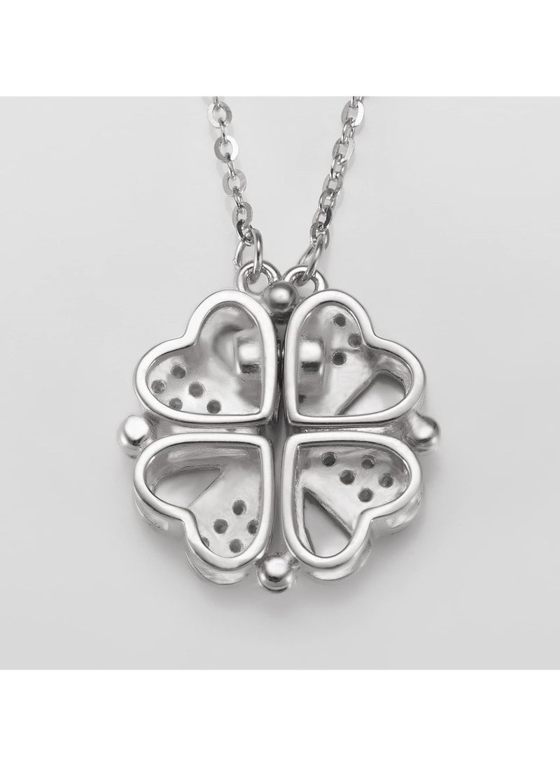 SYOSI - Sterling Silver Four Leaf Clover Necklace with Cubic Zirconia, Silver 925 Heart Magnetic Necklace for Women, Lucky Clover Charm Pendant - Image 1