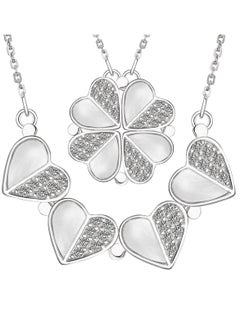 Sterling Silver Four Leaf Clover Necklace with Cubic Zirconia, Silver 925 Heart Magnetic Necklace for Women, Lucky Clover Charm Pendant