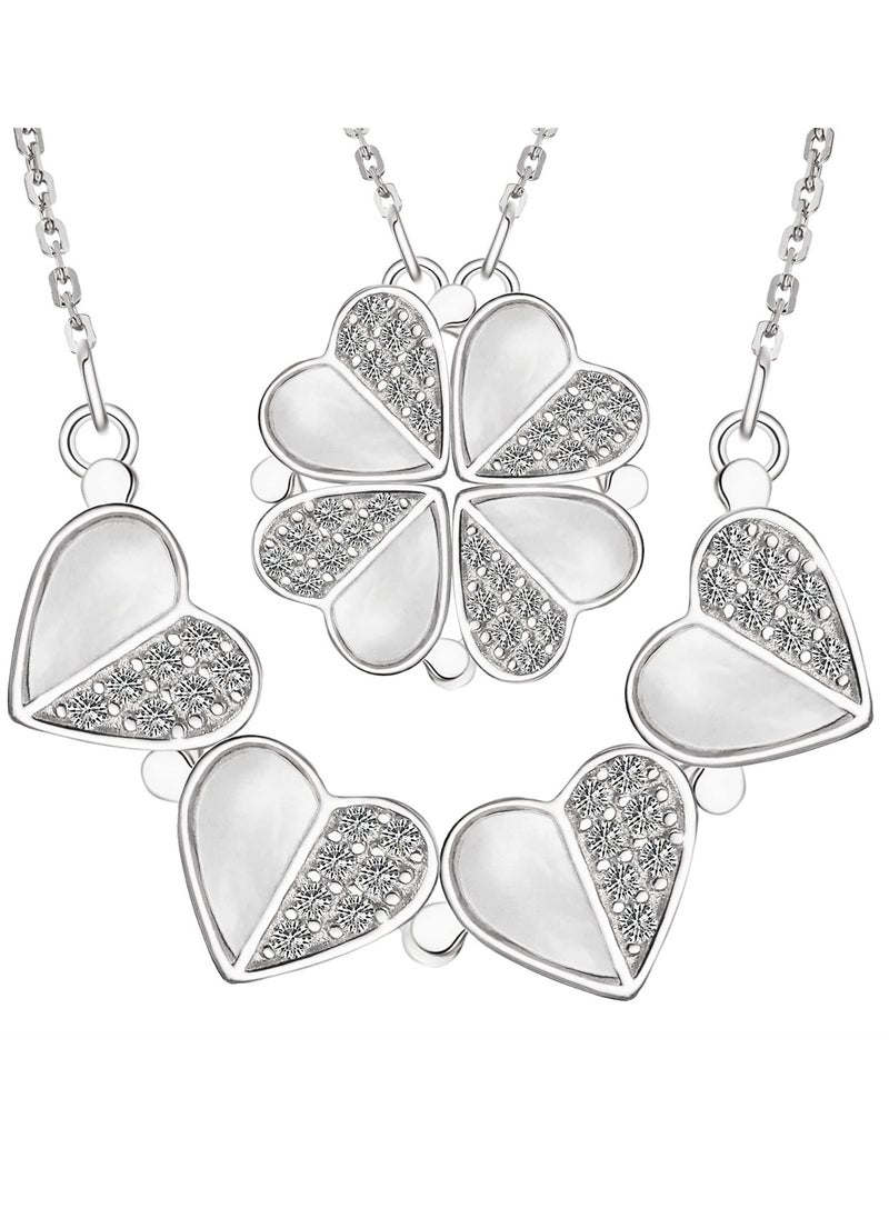 SYOSI - Sterling Silver Four Leaf Clover Necklace with Cubic Zirconia, Silver 925 Heart Magnetic Necklace for Women, Lucky Clover Charm Pendant - Image 1