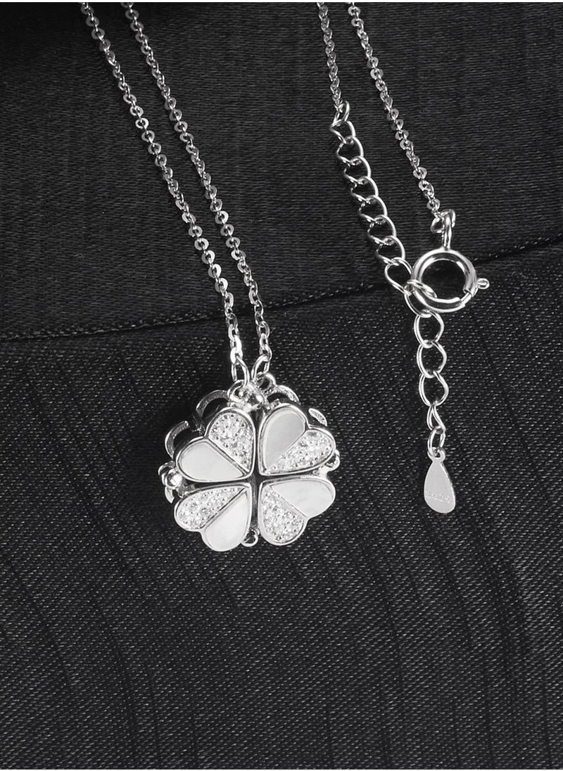 SYOSI - Sterling Silver Four Leaf Clover Necklace with Cubic Zirconia, Silver 925 Heart Magnetic Necklace for Women, Lucky Clover Charm Pendant - Image 1
