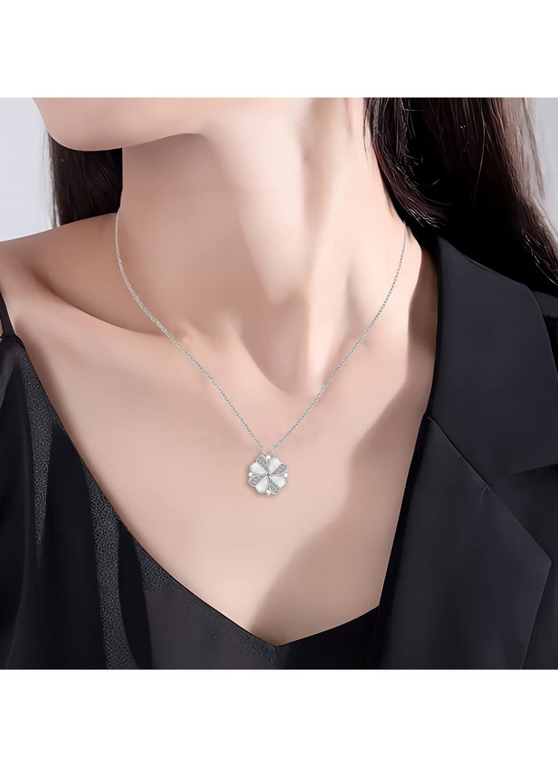 SYOSI - Sterling Silver Four Leaf Clover Necklace with Cubic Zirconia, Silver 925 Heart Magnetic Necklace for Women, Lucky Clover Charm Pendant - Image 1
