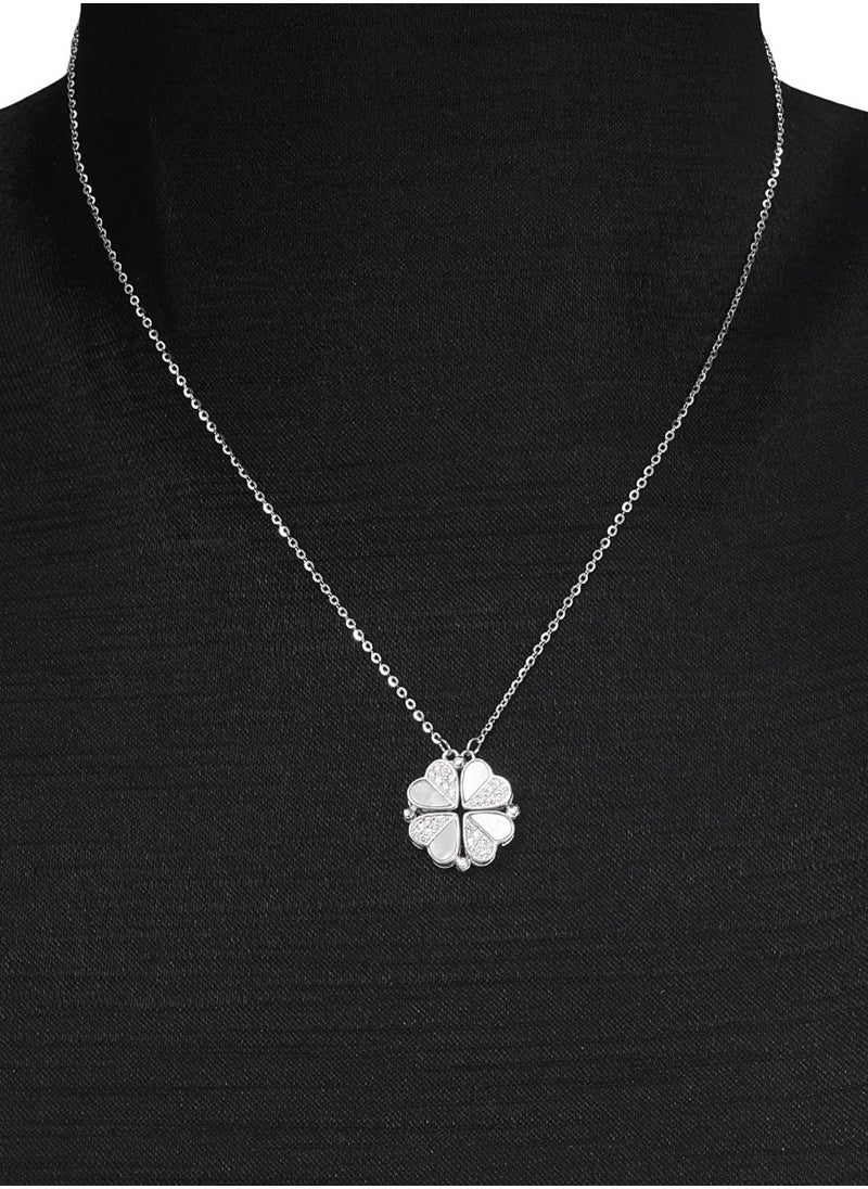 SYOSI - Sterling Silver Four Leaf Clover Necklace with Cubic Zirconia, Silver 925 Heart Magnetic Necklace for Women, Lucky Clover Charm Pendant - Image 1