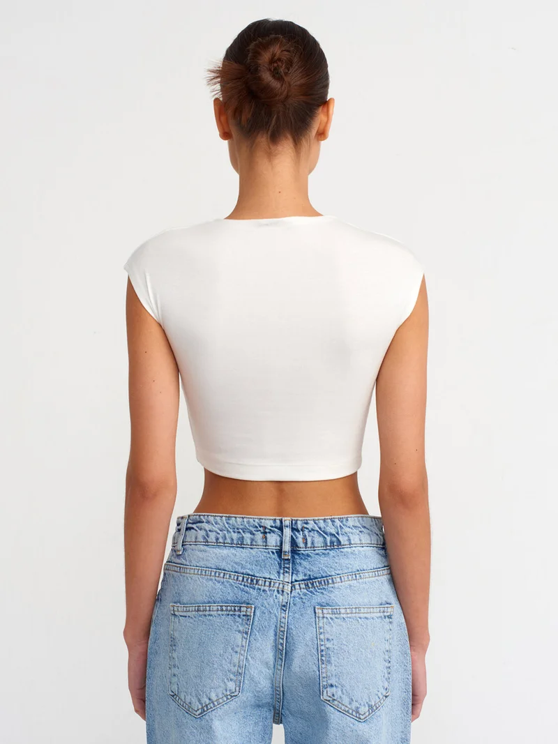 Dilvin 30528 Cotton and Modal Blend Crop Top-Ecru
