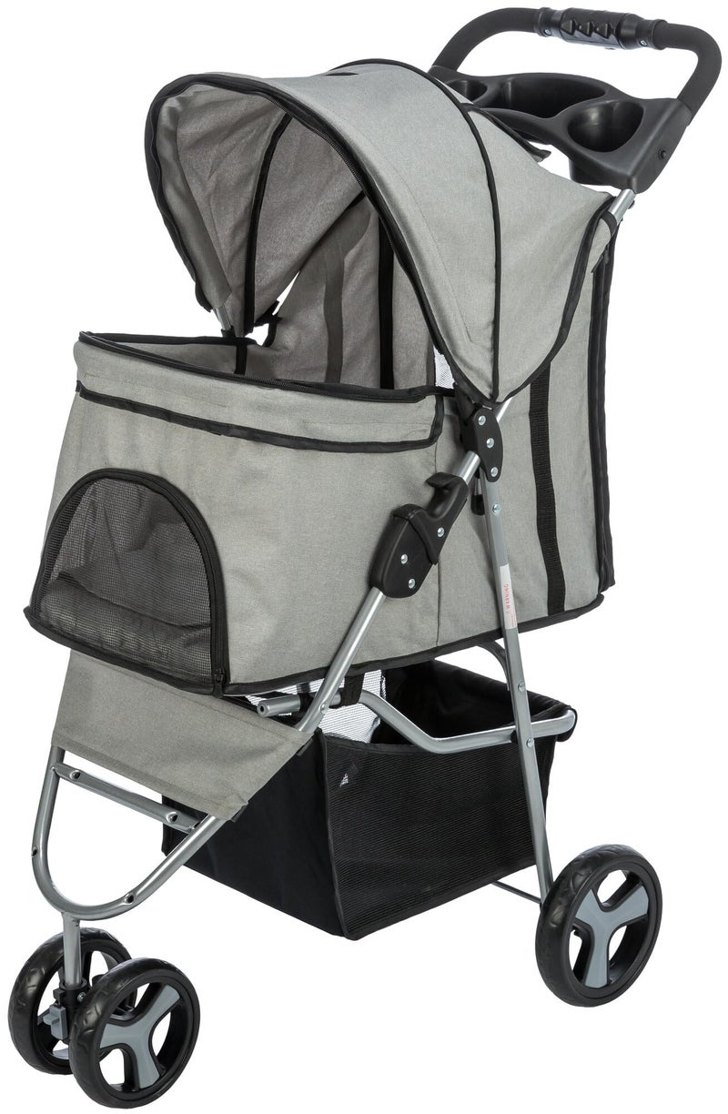 Trixie عربة الحيوانات الأليفة TRIXIE للكلاب والقطط الصغيرة قابلة للطي مع نوافذ شبكية وأحزمة أمان مزدوجة ووسادة وعجلات دوارة 360 درجة قابلة للطي بيد واحدة حتى 24 رطل 185 315 394 بوصة باللون الرمادي