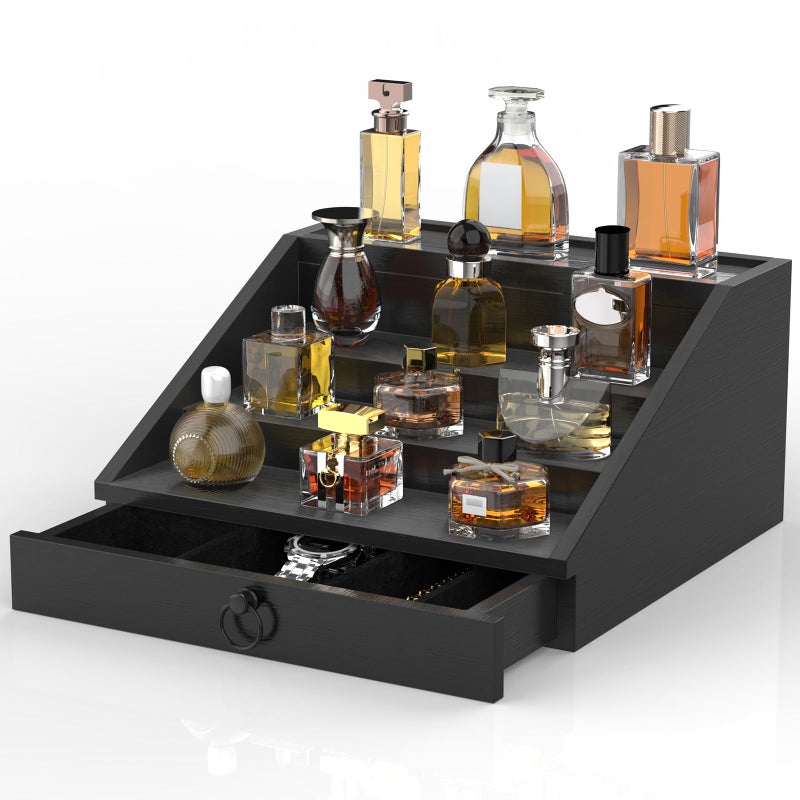 upcessory Wooden Cologne Organizer for Men Enhanced 4 Tier Cologne Stand Shelf Perfume Organizer with Velvet Lined Drawer & Hidden Storage Perfume Display Holder for Dresser Nice Gift (Classy Black) - Image 1