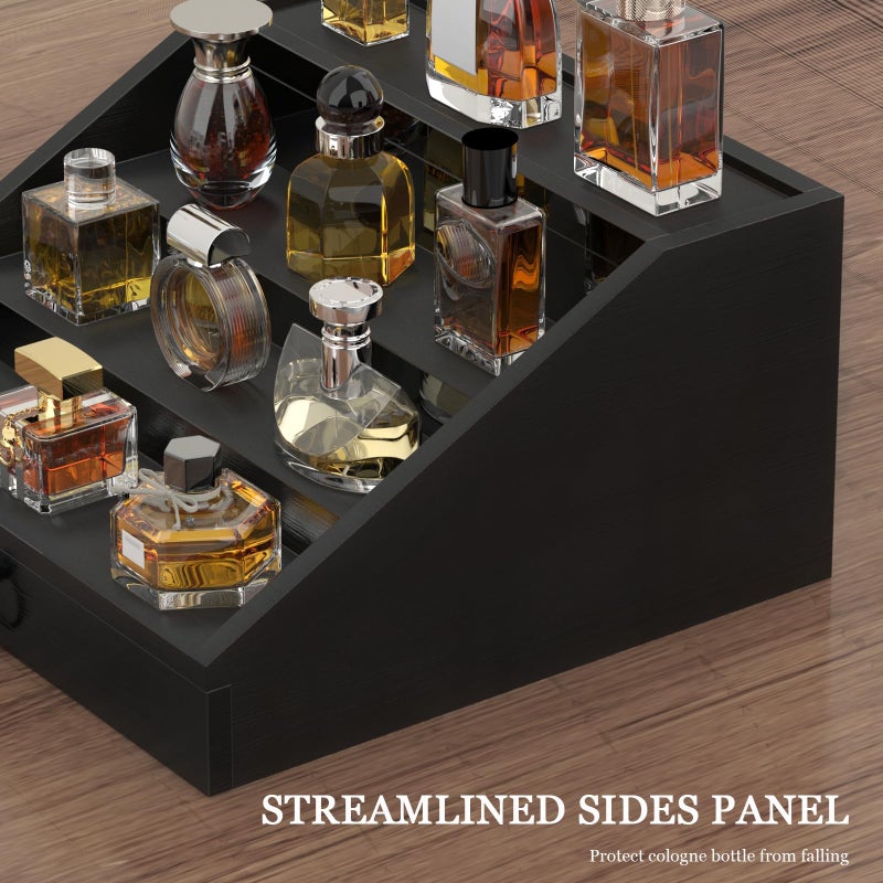 upcessory Wooden Cologne Organizer for Men Enhanced 4 Tier Cologne Stand Shelf Perfume Organizer with Velvet Lined Drawer & Hidden Storage Perfume Display Holder for Dresser Nice Gift (Classy Black) - Image 4