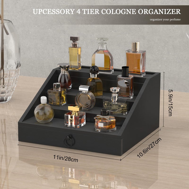 upcessory Wooden Cologne Organizer for Men Enhanced 4 Tier Cologne Stand Shelf Perfume Organizer with Velvet Lined Drawer & Hidden Storage Perfume Display Holder for Dresser Nice Gift (Classy Black) - Image 5