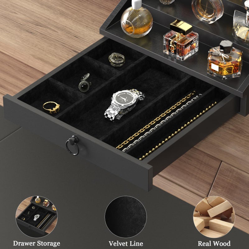 upcessory Wooden Cologne Organizer for Men Enhanced 4 Tier Cologne Stand Shelf Perfume Organizer with Velvet Lined Drawer & Hidden Storage Perfume Display Holder for Dresser Nice Gift (Classy Black) - Image 3