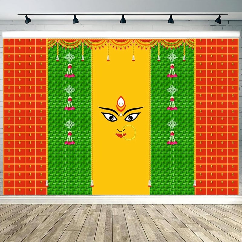 Party Baazaar Navratri Backdrop for Pooja | Traditional Backdrop Decoration Cloth | Puja Decoration Items Background (Pack of 1, Multicolor, Size: 8x5feet) - Image 1