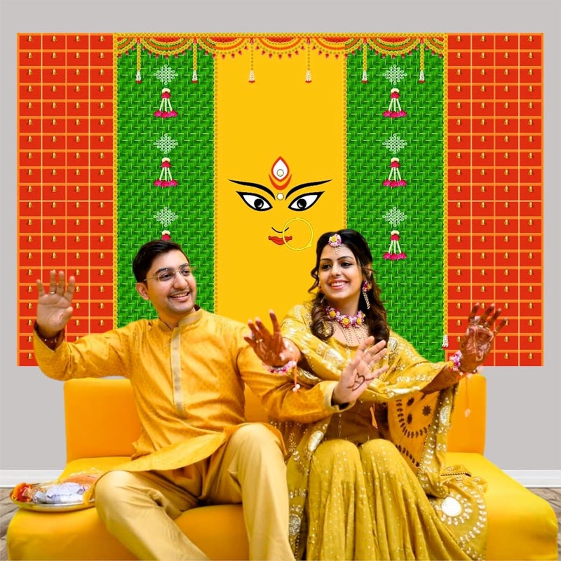 Party Baazaar Navratri Backdrop for Pooja | Traditional Backdrop Decoration Cloth | Puja Decoration Items Background (Pack of 1, Multicolor, Size: 8x5feet) - Image 3