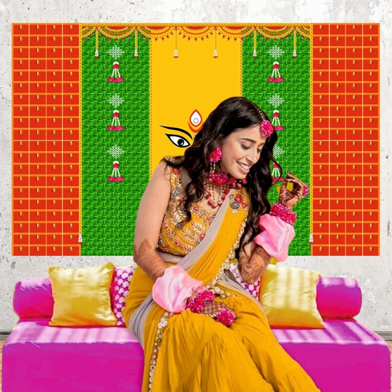 Party Baazaar Navratri Backdrop for Pooja | Traditional Backdrop Decoration Cloth | Puja Decoration Items Background (Pack of 1, Multicolor, Size: 8x5feet) - Image 4