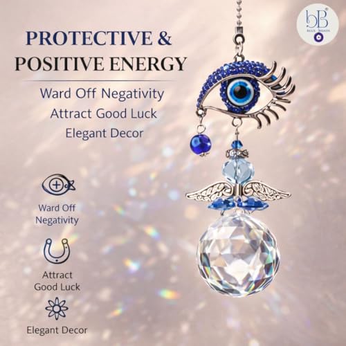 BLUE BEADS Home Decor Evil Eye Hanging Wall Hanging for Diwali Gifts/Perfect for Car Hanging Crystal Angel Suncatcher with Turkish Blue Evil Eye Rainbow Maker - Image 4