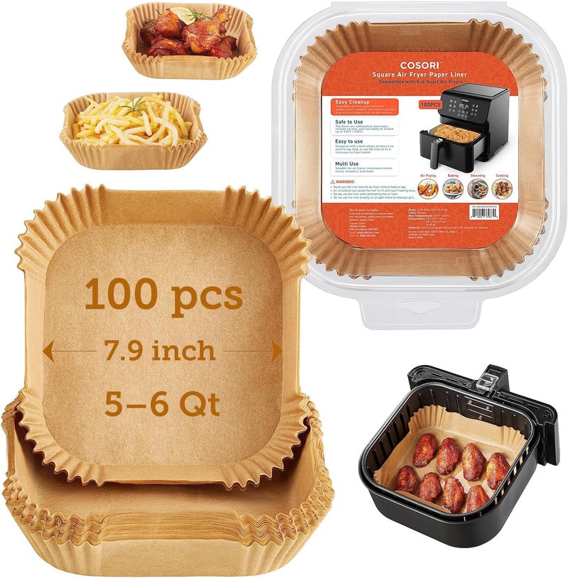 COSORI Air Fryer Liners, 100 PCS Square Disposable Paper Liners, Non-Stick Silicone Oil Coating, Little to No Cleaning, 7.9" Unbleached Food Grade, Resistant to 465°F, Thickened Not Easy to Break - Image 2