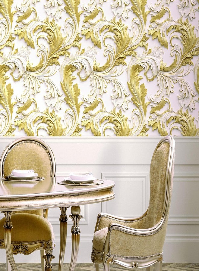LaCheery Gold and White Feather Wallpaper Peel and Stick Faux 3D Embossed Wallpaper Gold White Contact Paper for Cabinets Drawers Bathroom Accent Walls Removable Modern Wall Paper Roll Decor 17.5"x80" - Image 2
