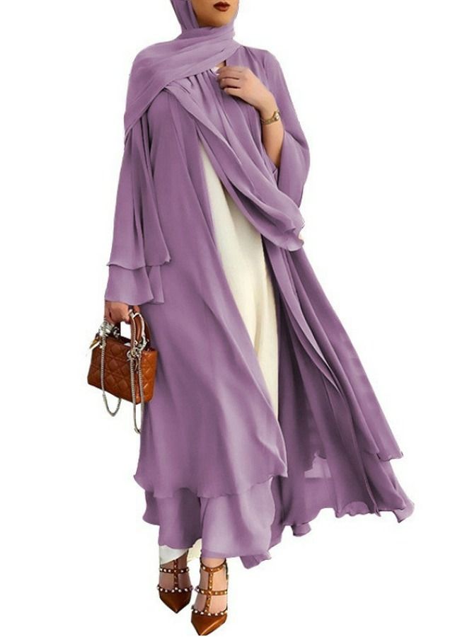 Loquat Women's Solid Color Flared Long-Sleeved Abaya Women's Elegant Long Cardigan Dress Purple 