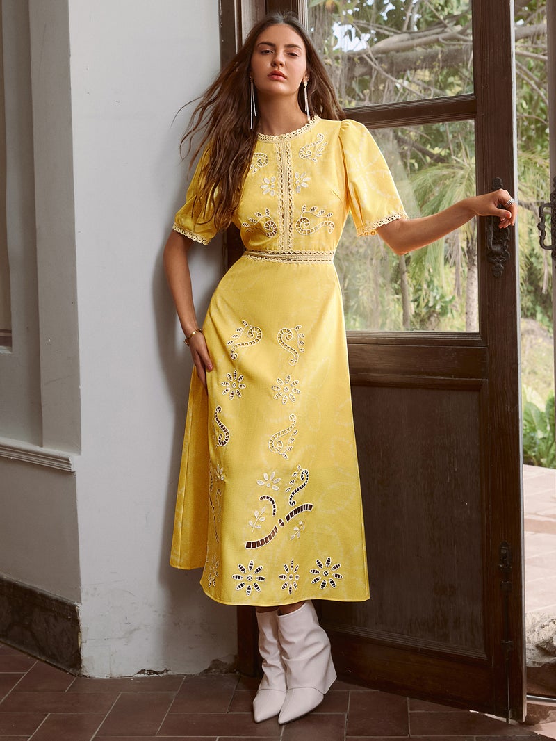 SIMPLEE Dress Crew Neck Short Puff Sleeve Embroidered A-Line Floral Lace Eyelet Bright Yellow French Rustic Lemon Mustard - Image 3