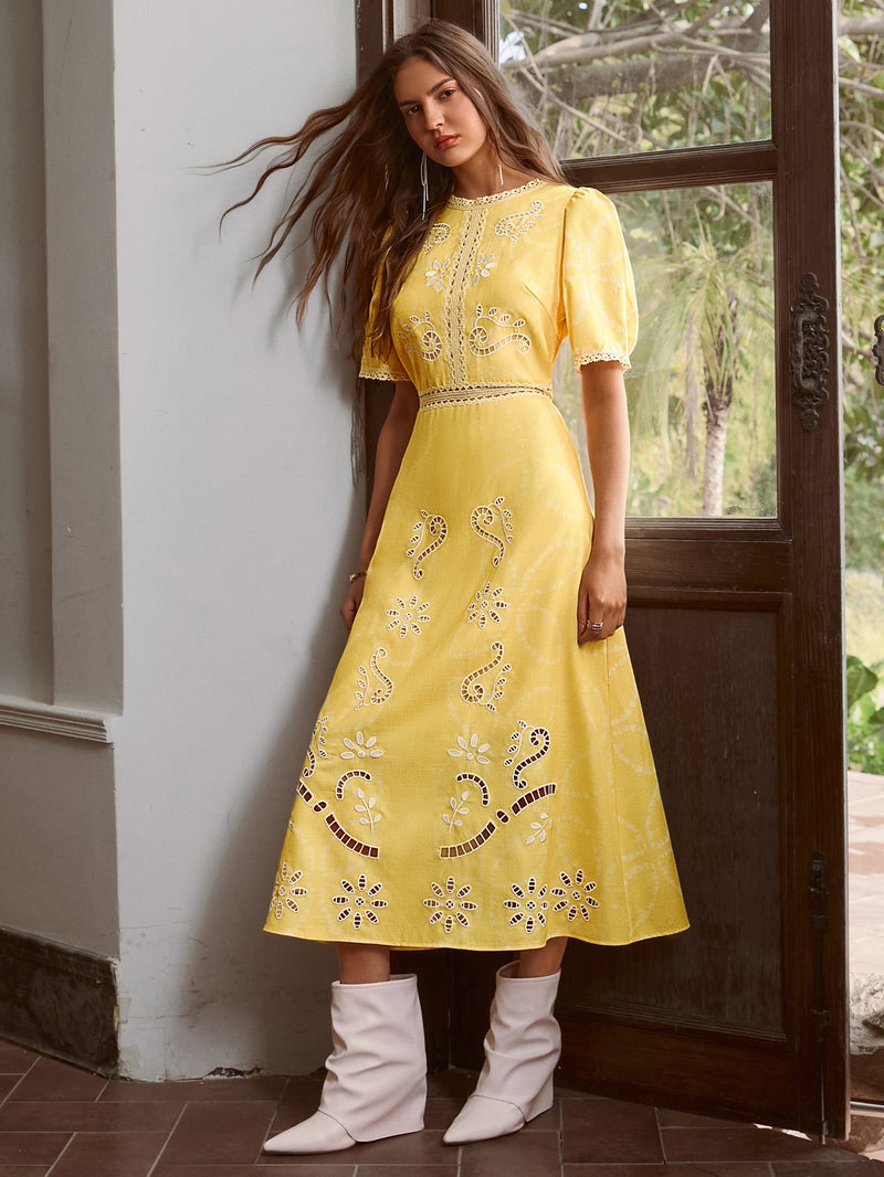 SIMPLEE Dress Crew Neck Short Puff Sleeve Embroidered A-Line Floral Lace Eyelet Bright Yellow French Rustic Lemon Mustard - Image 4