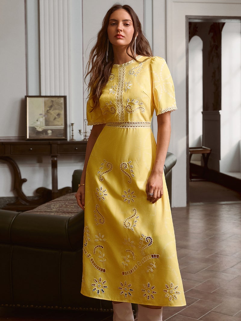 SIMPLEE Dress Crew Neck Short Puff Sleeve Embroidered A-Line Floral Lace Eyelet Bright Yellow French Rustic Lemon Mustard - Image 1