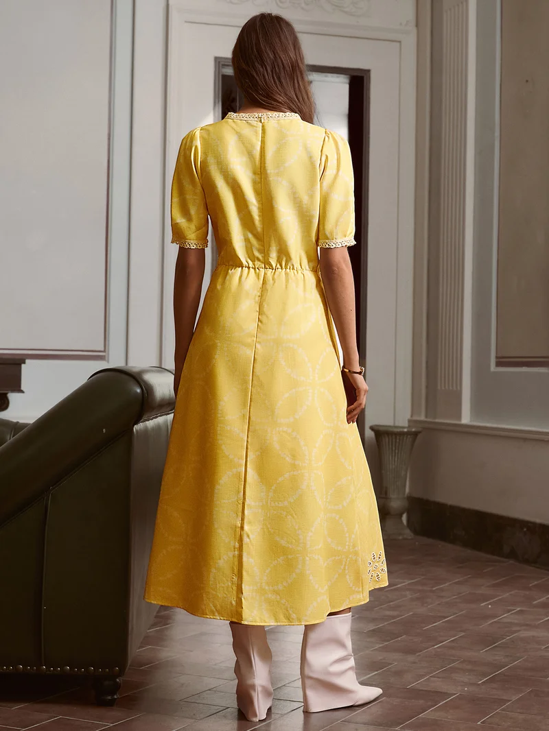 Simplee Dress Crew Neck Short Puff Sleeve Embroidered A-Line Floral Lace Eyelet Bright Yellow French Rustic Lemon Mustard