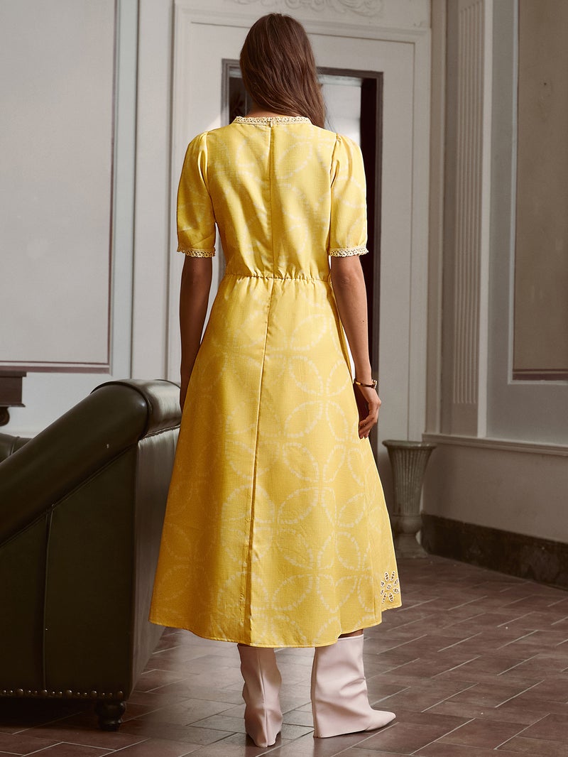 SIMPLEE Dress Crew Neck Short Puff Sleeve Embroidered A-Line Floral Lace Eyelet Bright Yellow French Rustic Lemon Mustard - Image 2