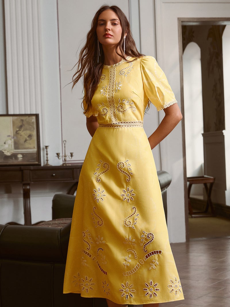 SIMPLEE Dress Crew Neck Short Puff Sleeve Embroidered A-Line Floral Lace Eyelet Bright Yellow French Rustic Lemon Mustard - Image 5