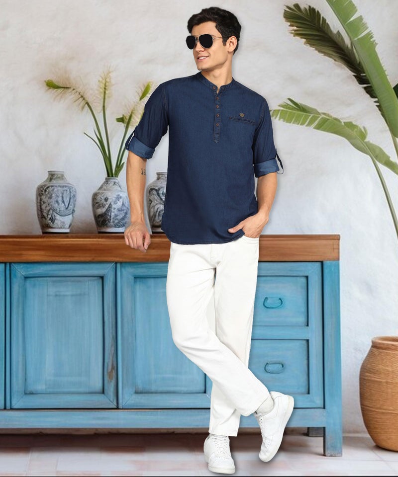 Kuons Avenue Men's Tailored Fit Short Denim Kurta (KACLFS1232Y-XXL_Midnight Blue_XX-Large) - Image 3