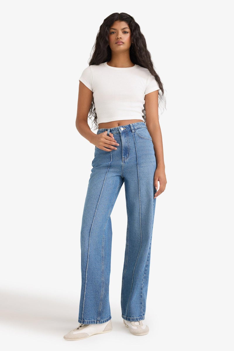 DeFacto Blue Woman 90's Wide Leg High Waist Straight Leg Jeans Casual - Image 3