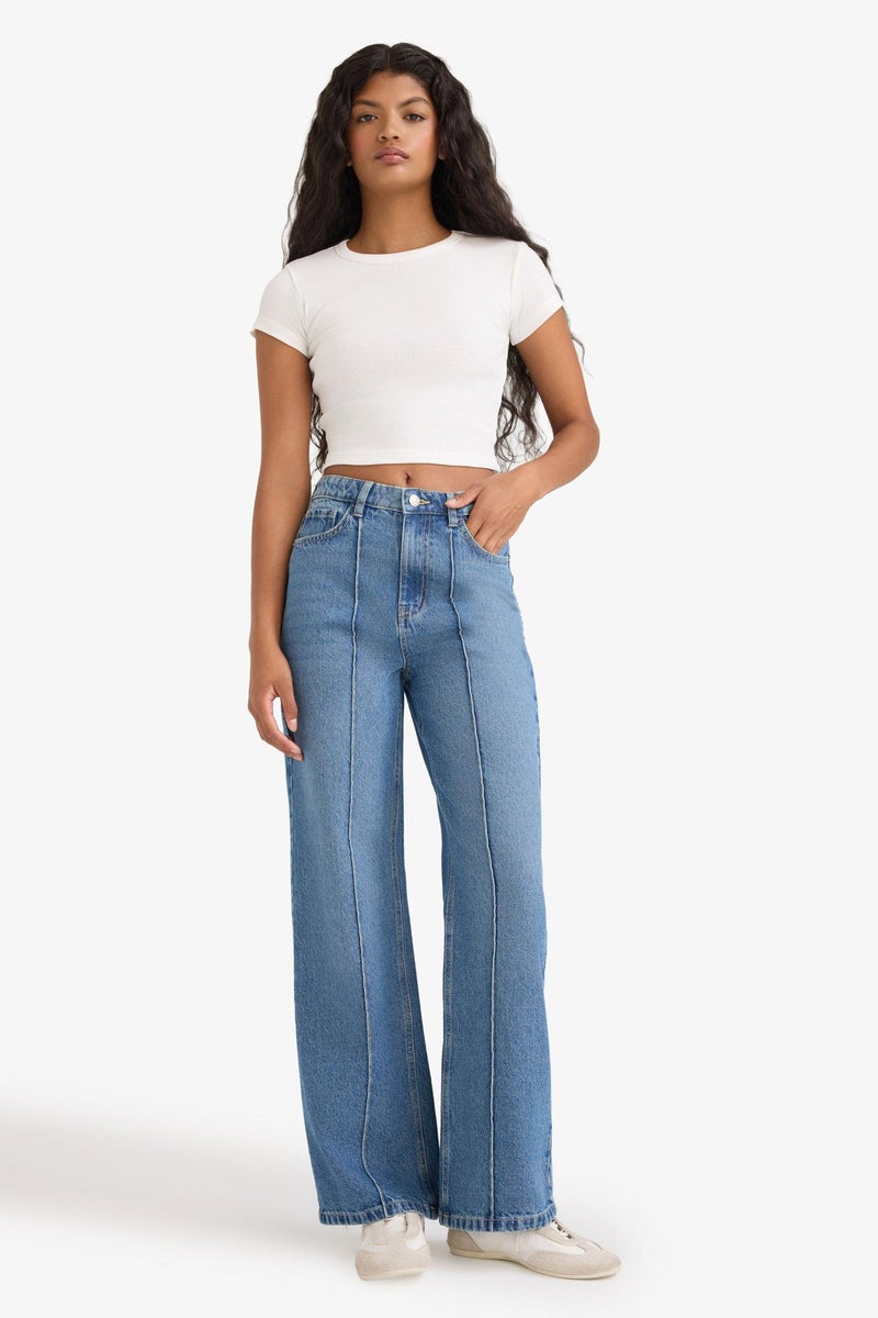 DeFacto Blue Woman 90's Wide Leg High Waist Straight Leg Jeans Casual - Image 1