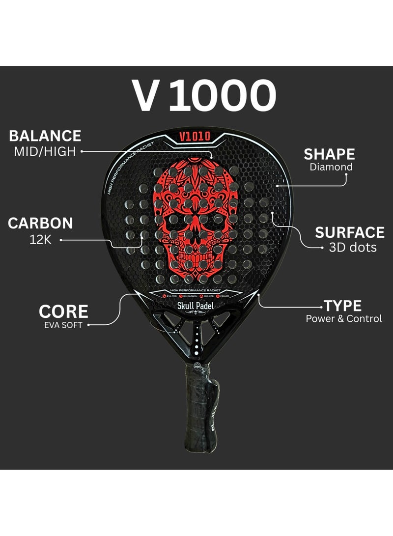 Skull Padel Padel Racket | V1010 RED BLACK 12K CARBON | For Advanced Players - Image 5