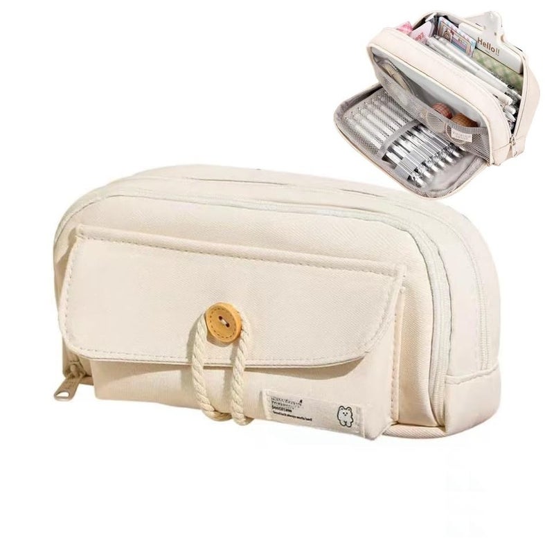 UIVXXUD Simple Style Cotton Rope Pencil Holder Large Capacity Multilayered Pencil Case Organizer Aesthetic Minimalist Fabric Pen Pouch with Zipper Durable EcoFriendly Pen Pouch Bag Beige - Image 1