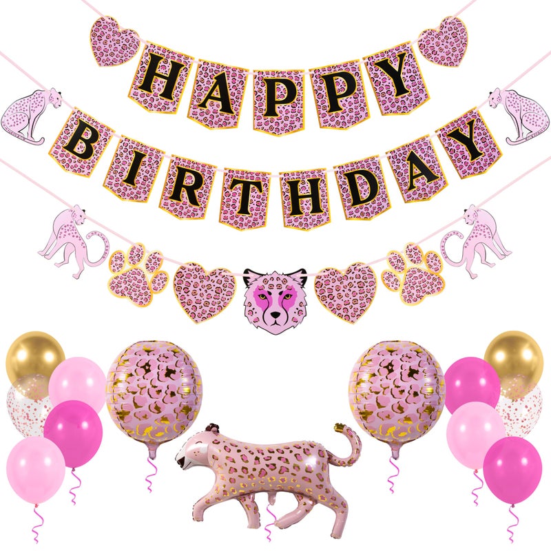 Pirese Pink Cheetah Happy Birthday Banner  Pink Cheetah Birthday Decorations  Leopard Party Decorations  Animal Birthday Party Decorations | Safari Party | Leopard Party Supplies | Animal Print - Image 1