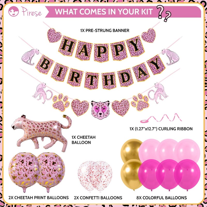 Pirese Pink Cheetah Happy Birthday Banner  Pink Cheetah Birthday Decorations  Leopard Party Decorations  Animal Birthday Party Decorations | Safari Party | Leopard Party Supplies | Animal Print - Image 2