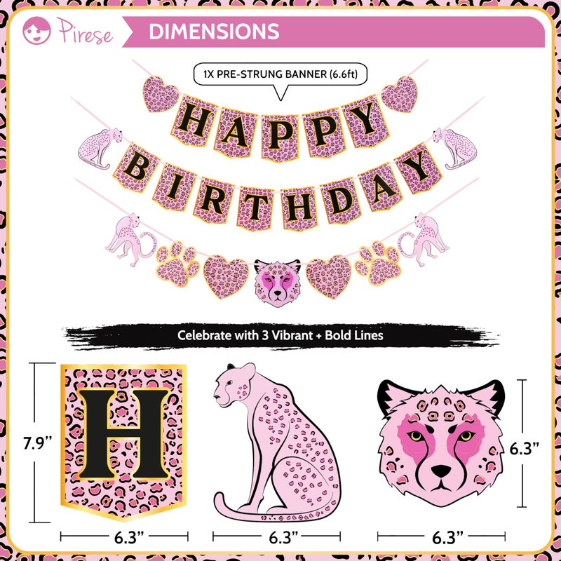 Pirese Pink Cheetah Happy Birthday Banner  Pink Cheetah Birthday Decorations  Leopard Party Decorations  Animal Birthday Party Decorations | Safari Party | Leopard Party Supplies | Animal Print - Image 3