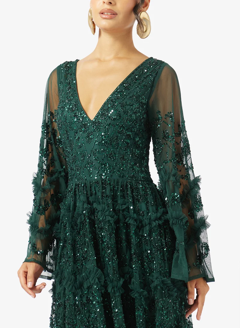 Maya  Fully Embellished Frill Detail Maxi Dress for Women | Best Price UAE