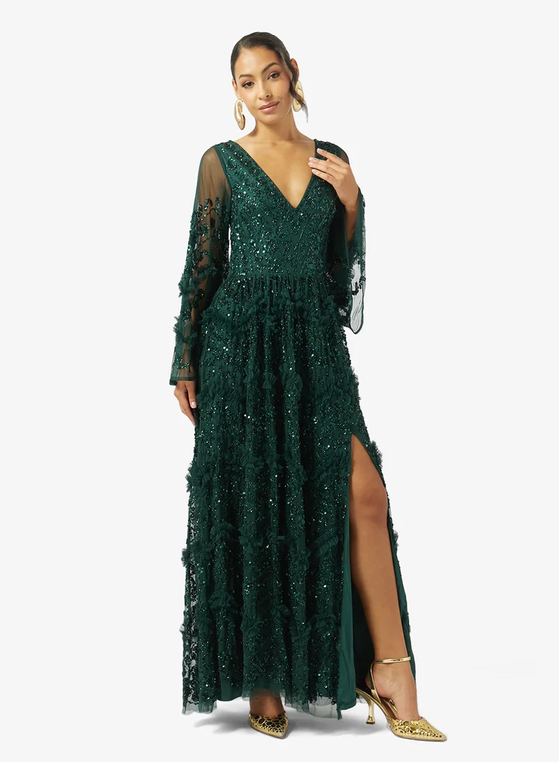 Maya  Fully Embellished Frill Detail Maxi Dress for Women | Best Price UAE