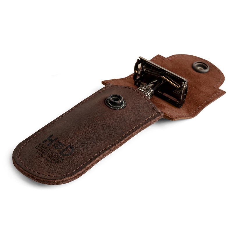 Hide & Drink, Double Edge Protector Case, Barber Razor Sheath, Safety Cover, Travel and Commuter Essentials, Portable Carry Bag, Vintage, Full Grain Leather, Handmade, Bourbon Brown - Image 3
