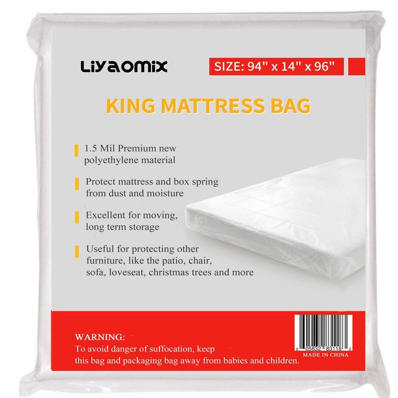 Liyaomix King Mattress Bag for Moving Storage, 1.5 Mil Clear Waterproof Plastic Mattress Storage Bag Cover, Disposal Mattress Protector for King/California King Size - Image 1