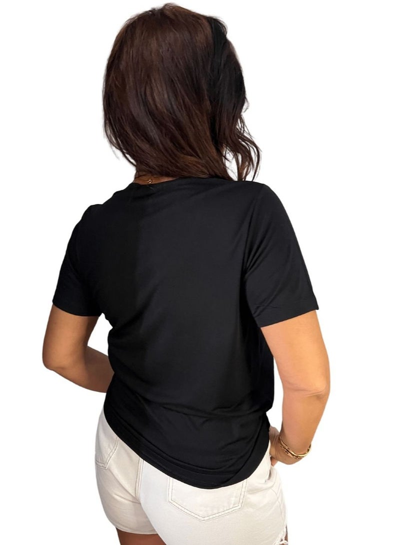 VENTIUP Women's V-Neck T-Shirts Short Sleeve Black / Red Shiny Details - Image 5