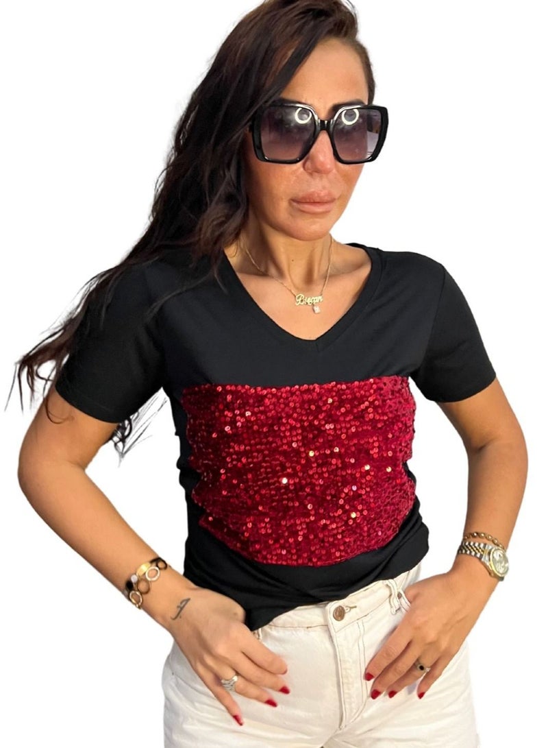 VENTIUP Women's V-Neck T-Shirts Short Sleeve Black / Red Shiny Details - Image 1